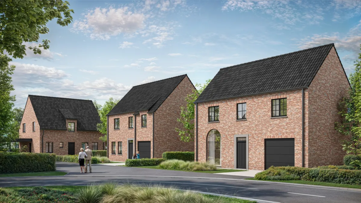 Voorgevels nieuwbouwwoningen open bebouwing Magdalena Huysstraat Tielt